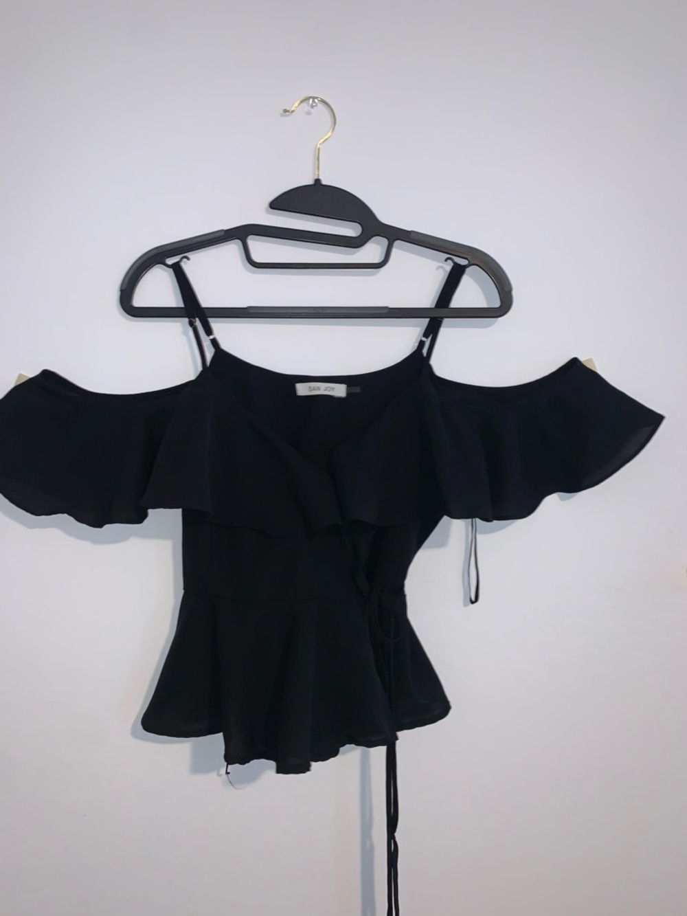 San Joy Black Off-Shoulder Ruffle Wrap Blouse